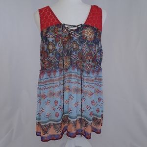 Fig and Flower Sheer Boho Tie-Front Mixed Print Sleeveless Top NWT